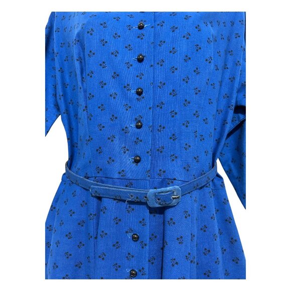 Vintage Lanz Blue Ditsy Floral Button-Down Dress S Scalloped Mary Poppins Style - Picture 11 of 16